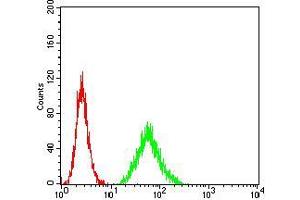 Flow cytometric analysis of MCF-7 cells using HLA-B mouse mAb (green) and negative control (red).