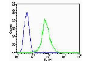 Flow cytometric analysis of HUVEC cells using VEGFR3(green, Cat (ABIN1882290 and ABIN2843609)) compared to an isotype control of mouse IgG2a(blue).