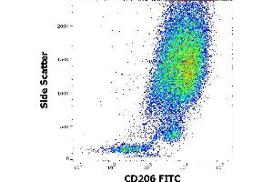 Flow cytometry surface staining pattern of human stimulated (GM-CSF + IL-4) peripheral blood mononuclear cells stained using anti-human CD206 (15-2) FITC antibody (4 μL reagent per milion cells in 100 μL of cell suspension).
