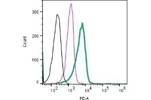 Cell surface detection of CD9 by direct flow cytometry in live intact human  monocytic leukemia cell line: + Rabbit IgG Isotype Control-PE (ABIN7582046).