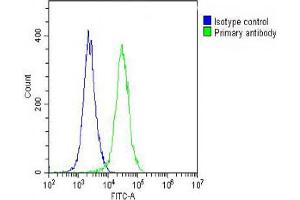 Overlay histogram showing  cells stained with A(green line).