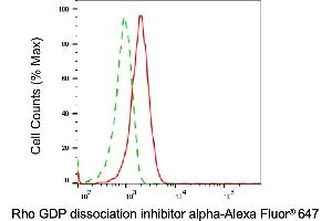 Flow cytometric analysis of Rho GDP dissociation inhibitor alpha expression in HepG2 cells using Rho GDP dissociation inhibitor alpha antibody (ABIN7800196), 1:2,000). (ARHGDIA anticorps)
