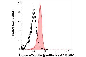 Separation of MCF-7 cells stained using anti-gamma-Tubulin (TU-30) purified antibody (concentration in sample 9 μg/mL, GAM APC, red-filled) from MCF-7 cells unstained by primary antibody (GAM APC, black-dashed) in flow cytometry analysis (intracellular staining).
