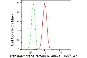 Flow cytometric analysis of Transmembrane protein 67 expression in HepG2 cells using Transmembrane protein 67 antibody (ABIN7800623), 1:2,000). (Recombinant TMEM67 anticorps)