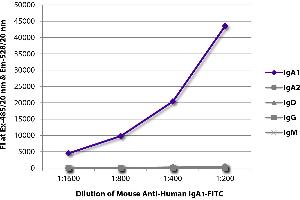 FLISA plate was coated with purified human IgA1, IgA2, IgD, IgG, and IgM. (Souris anti-Humain IgA1 Anticorps (FITC))