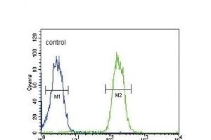 ABCC3 Antibody (Center) (ABIN654103 and ABIN2843987) flow cytometric analysis of MDA-M cells (right histogram) compared to a negative control cell (left histogram).