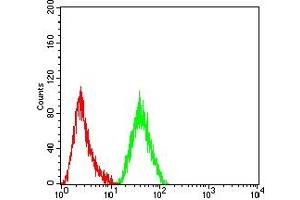 Flow cytometric analysis of THP-1 cells using CD171 mouse mAb (green) and negative control (red).