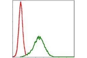 Flow cytometric analysis of HepG2 cells using NQO1 mouse mAb (green) and negative control (red). (NQO1 anticorps)
