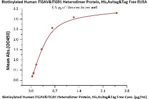 Immobilized Fibronectin at 5 μg/mL (100 μL/well) can bind Biotinylated Human ITGAV&ITGB1 Heterodimer Protein, His,Avitag&Tag Free (ABIN6731251,ABIN6809959) with a linear range of 0.
