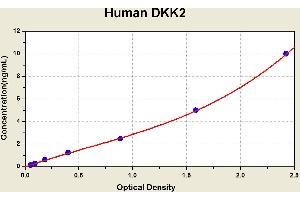 Diagramm of the ELISA kit to detect Human DKK2with the optical density on the x-axis and the concentration on the y-axis.