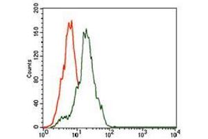 Flow cytometric analysis of HepG2 cells using SST mouse mAb (green) and negative control (red).