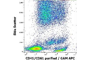 Flow cytometry surface staining pattern of human peripheral whole blood using anti-bovine CD41/CD61 (IVA30) purified antibody (concentration in sample 0,3 μg/mL, GAM APC).