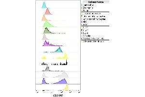 Flow cytometry surface staining pattern of human peripheral whole blood stained using anti-human CD2 (LT2) PE antibody (20 μL reagent / 100 μL of peripheral whole blood). (CD2 anticorps  (PE))