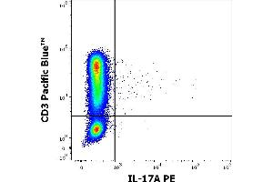 Flow cytometry multicolor surface staining pattern of PHA stimulated and Brefeldin A treated human lymphocytes using anti-human CD3 (UCHT1) Pacific Blue antibody (4 μL reagent / 100 μL of peripheral whole blood) and intracellular staining using anti-human IL-17A (9F9) PE antibody (10 μL reagent / 100 μL of peripheral whole blood).