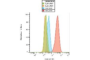 Surface staining of HLA-G (on transfected cells, red and orange) with anti-HLA-G (2A12) FITC, compared with nontransfected cells (blue, green).