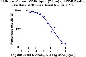 Serial dilutions of Anti-CD40 Antibody were added into Biotinylated Human CD40, His Tag : Human CD40 Ligand (Trimer) , hFc Tag binding reactioins.