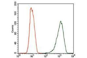 Flow cytometric analysis of MCF-7 cells using NOS2 mouse mAb (green) and negative control (red).