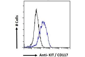 ABIN1589992 Flow cytometric analysis of paraformaldehyde fixed MCF7 cells (blue line), permeabilized with 0. (KIT anticorps  (Internal Region))