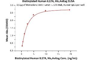 Immobilized Monoclonal A IL-17A Antibody, Human IgG1 at 5 μg/mL (100 μL/well) can bind Biotinylated Human IL17A, His,Avitag (ABIN6810035,ABIN6938852) with a linear range of 0.