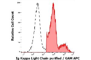 Separation of human Ig Kappa light chain positive lymphocytes (red-filled) from Ig Kappa light chain negative lymphocytes (black-dashed) in flow cytometry analysis (surface staining) of human peripheral whole blood stained using anti-human Ig Kappa Light Chain (TB28-2) purified antibody (concentration in sample 0. (kappa Light Chain anticorps)