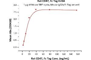 Immobilized Mouse SIRP alpha, Mouse IgG2a Fc Tag (ABIN5955018,ABIN6253632) at 10 μg/mL (100 μL/well) can bind Rat CD47, Fc Tag (ABIN4949204,ABIN4949205) with a linear range of 2-20 ng/mL (QC tested).