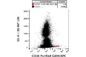 Surface staining of CD34+ cells in human peripheral blood with anti-CD34 (4H11[APG]) purified / GAM-APC.