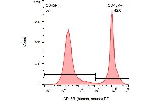 Flow cytometry analysis (surface staining) of CD45R in murine splenocytes with anti-CD45R (RA3-6B2) PE.