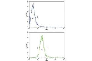 Flow cytometric analysis of NCI-H460 cells using TLR6 antibody (bottom histogram) compared to a negative control (top histogram).