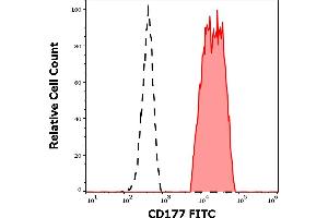 Separation of human CD177 positive neutrophil granulocytes (red-filled) from lymphocytes (black-dashed) in flow cytometry analysis (surface staining) of human peripheral whole blood stained using anti-human CD177 (MEM-166) FITC antibody (20 μL reagent / 100 μL of peripheral whole blood).