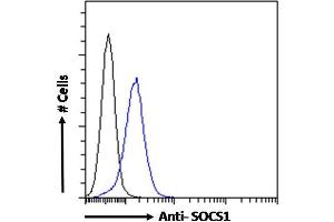 ABIN184575 Flow cytometric analysis of paraformaldehyde fixed HEK293 cells (blue line), permeabilized with 0. (SOCS1 anticorps  (C-Term))