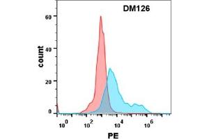 Flow cytometry analysis with Anti-IL-17RA (DM126) on Expi293 cells transfected with human IL17RA (Blue histogram) or Expi293 transfected with irrelevant protein (Red histogram). (IL17RA anticorps  (AA 33-320))