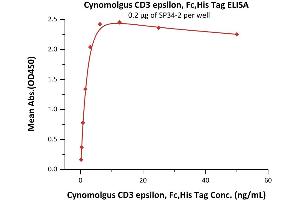 Immobilized SP34-2 at 2 μg/mL (100 μL/well) can bind Cynomolgus CD3 epsilon, Fc,His Tag (ABIN2180777,ABIN2180776) with a linear range of 0. (CD3 epsilon Protein (CD3E) (AA 22-117) (His tag,Fc Tag))