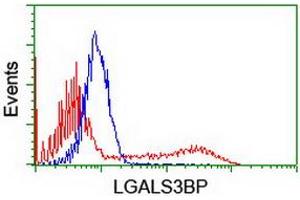 HEK293T cells transfected with either RC204918 overexpress plasmid (Red) or empty vector control plasmid (Blue) were immunostained by anti-LGALS3BP antibody (ABIN2454975), and then analyzed by flow cytometry. (LGALS3BP anticorps  (AA 19-300))