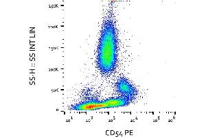 Flow cytometry analysis (surface staining) of CD54 expression in activated human peripheral blood with anti-CD54 (MEM-111) PE.
