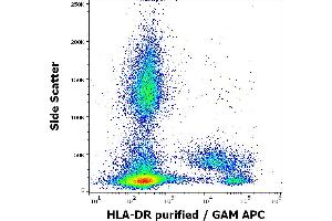 Flow cytometry surface staining pattern of human peripheral whole blood stained using anti-human HLA-DR (L243) purified antibody (concentration in sample 0. (HLA-DR anticorps)