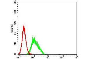 Flow cytometric analysis of Hela cells using CD274 mouse mAb (green) and negative control (red).