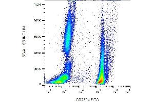Surface staining of CD235a in human peripheral blood (erythrocytes and leukocytes) with anti-CD235a (JC159) FITC. (CD235a/GYPA anticorps  (FITC))