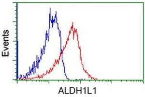 Flow cytometric Analysis of Jurkat cells, using anti-ALDH1L1 antibody (ABIN2453883), (Red), compared to a nonspecific negative control antibody, (Blue). (ALDH1L1 anticorps)