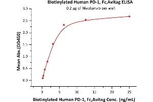 Immobilized Nivolumab at 2 μg/mL (100 μL/well) can bind Biotinylated Human PD-1, Fc,Avitag (ABIN5674606,ABIN6253684) with a linear range of 0.