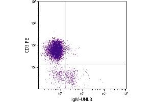 Chicken peripheral blood lymphocytes were stained with Mouse Anti-Chicken IgM-UNLB. (Souris anti-Poulet IgM Anticorps)