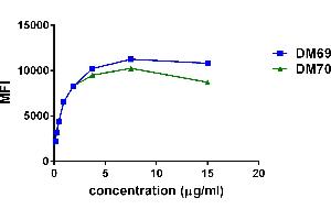 Affinity ranking of different Rabbit anti-2B4 mAb clones by titration of different concentration onto THP-1 cells.