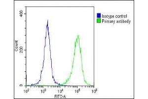 Overlay histogram showing HeLa cells stained with (ABIN1539662 and ABIN2848878)(green line).