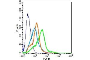 RSC96 probed with TPIA2/PTPRN Polyclonal Antibody, Unconjugated ( 	 ) at 3ug for 30 minutes followed by incubation with a conjugated secondary -FITC) (green) for 30 minutes compared to control cells (blue), secondary only (light blue) and isotype control (orange).