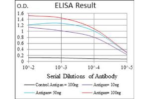 Red: Control Antigen (100ng) ; Purple: Antigen (10ng) ; Green: Antigen (50ng) ; Blue: Antigen (100ng).