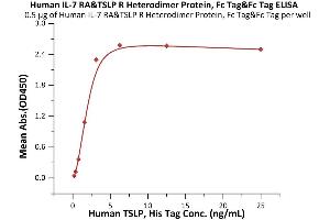 Immobilized Human IL-7 RA&TSLP R Heterodimer Protein, Fc Tag&Fc Tag (ABIN6973131) at 5 μg/mL (100 μL/well) can bind Human TSLP, His Tag (ABIN5954933,ABIN6253595) with a linear range of 0.
