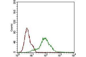 Flow cytometric analysis of Hela cells using CD68 mouse mAb (green) and negative control (red).