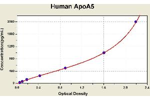 Diagramm of the ELISA kit to detect Human ApoA5with the optical density on the x-axis and the concentration on the y-axis. (APOA5 Kit ELISA)