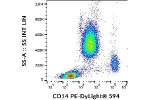 Surface staining of human peripheral blood cells with anti-human CD14 (MEM-15) PE-DyLight® 594. (CD14 anticorps  (PE-DyLight 594))