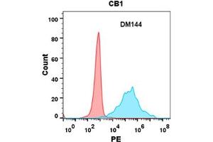 Flow cytometry analysis with Anti-CB1 (DM144) on Expi293 cells transfected with human CB1 (Blue histogram) or Expi293 transfected with irrelevant protein (Red histogram). (CNR1 anticorps  (AA 1-116))