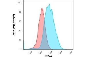 Flow Cytometric Analysis of PFA-fixed MCF-7 cells using EpCAM-Monospecific Mouse Monoclonal Antibody (EGP40/1372) followed by goat anti-Mouse IgG-CF488 (Blue); Isotype Control (Red). (EpCAM anticorps  (Extracellular Domain))